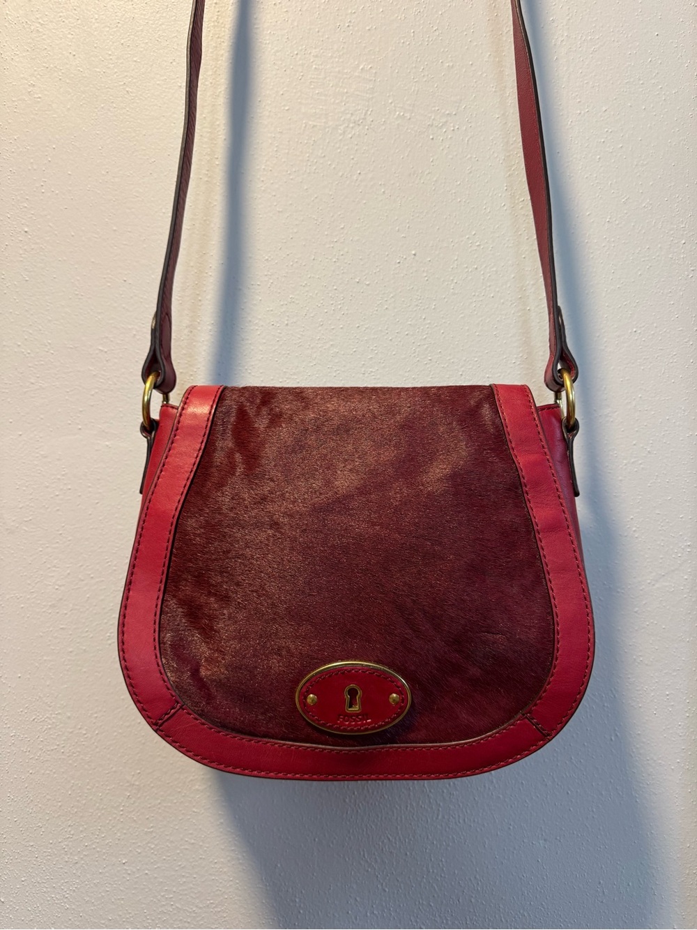 Fossil Calf Hair Leather Saddle Bag